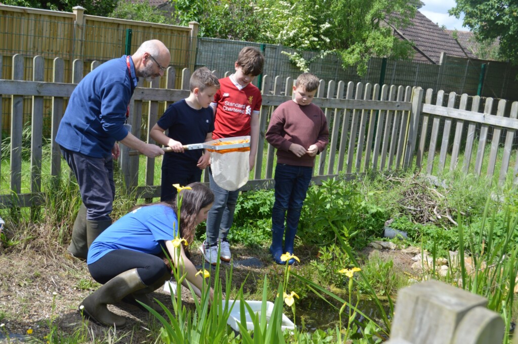 Lorne and Lorna with pupils at St Margaret's Primary, Tintinhull go pond dipping