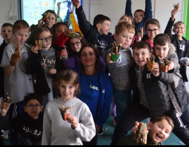 Karis with pupils at St. Margaret's Primary, Tintinhull