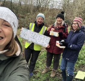 YRCT volunteers Kate, Anna, Emma and Isa taking part in our quarterly invertebrate survey at Alvington Pond.