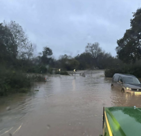 Flooded road at Bow Bridge, Yetminster, Nov 23
